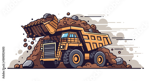 Cartoon yellow mining dump truck loaded with dirt and rocks by an excavator bucket.
