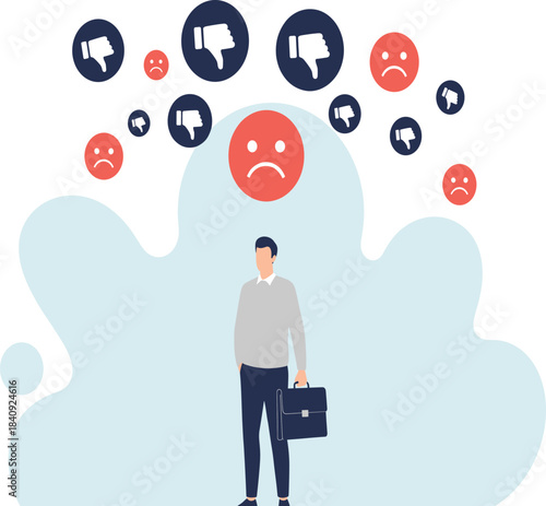 Businessman Surrounded by Negative Thumbs Down Icons for Failure Bad Review Customer Dissatisfaction and Poor Performance.