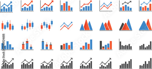 Chart icons, financial graphs, data visualization, bar graphs, line charts, candlestick symbols, trend analysis, statistics visuals, flat vector illustration