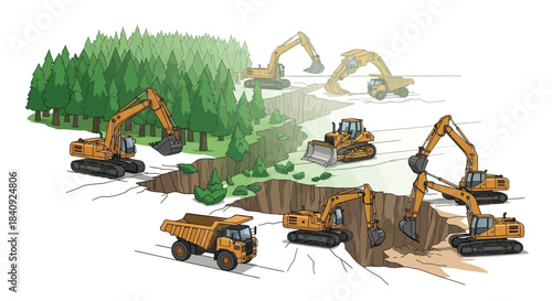 Vibrant orange heavy construction vehicles excavators bulldozer and dump truck actively engaged in earthmoving operations.