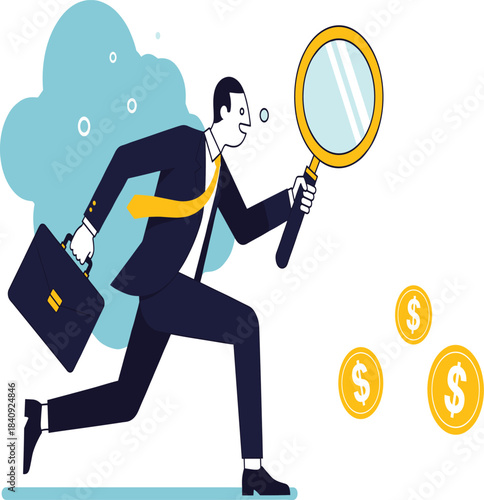 Businessman Running with Magnifying Glass Searching for Financial Opportunity Money and Investment Research Concept Vector.