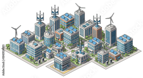 Isometric Cityscape Depicting Sustainable Energy Sources and Modern Architecture.