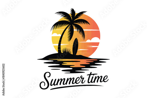 Silhouette of a palm tree and surfboard on an island at sunset with text Summer time beach