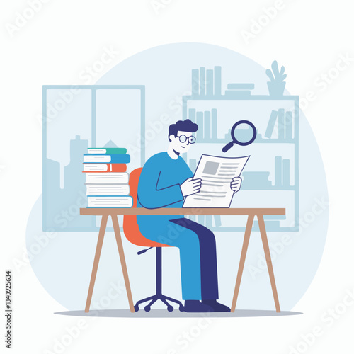  “Researcher Reading Scientific Papers”
Flat vector researcher sitting at desk with stacked papers, magnifying glass icon, solid colour blocks, simple academic setting.