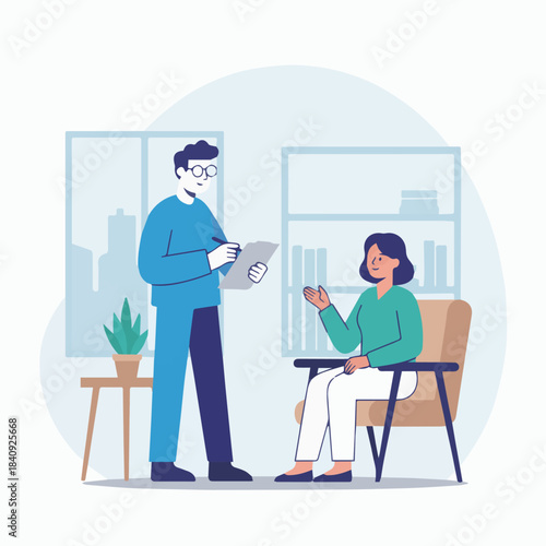 “Researcher Conducting Interview Study”
Flat vector researcher with clipboard interviewing participant, simple room backdrop, geometric furniture, solid colour scheme.