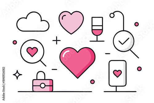 Romantic Love Icons: Hearts, Cloud, Wine Glass, Lock Bag, Phone, and Magnifier Illustration