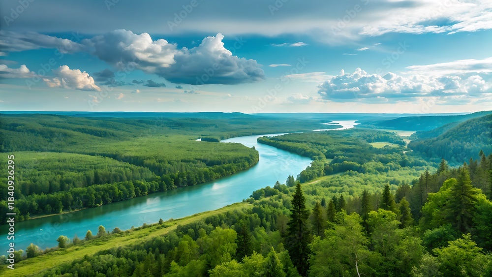 Obraz premium Stunning aerial view of a wide, winding river cutting through lush green forest hills under a bright blue sky with scattered white clouds on a sunny day