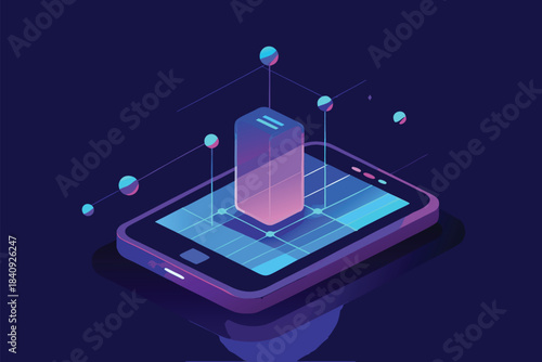 Futuristic isometric smartphone illustration as a digital data hub with a neon grid, floating prism, and AI nodes, symbolizing mobile technology, connectivity, innovation, and AI‑driven insights.