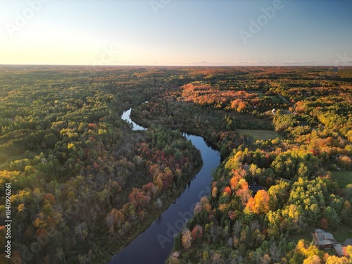 Photography High aerial view of Muskoka River in Bracebridge Ontario Canada in fall at sunse