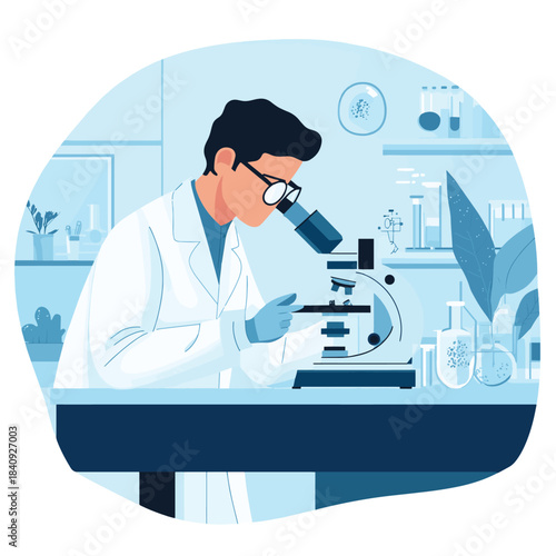 Focused scientist meticulously examines specimens under a microscope, advancing research in a modern laboratory setting , vector style simple color