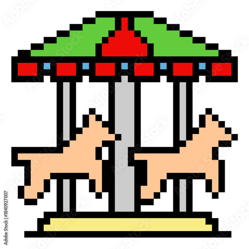 Pixel carousel vector for retro theme park games and 8-bit funfair scenes. Symbolizes amusement, childhood joy, and simple pixelated rides.