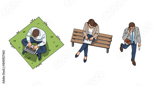 Top views people normalization of hybrid work, outdoor spaces in office parks and universities are now "workspaces." Architects need to populate these areas with people working, not just loafing.