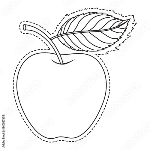 Simple black and white illustration of an apple with a leaf outline