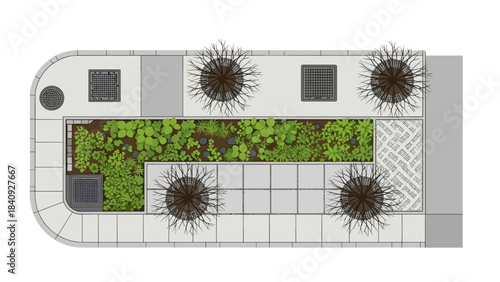 Top view rain garden and bioswale textures, sustainable streetscape and permeable paving vector