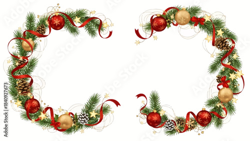 Stunning festive corner borders featuring elegant red ribbons pine branches ornaments and golden stars for holiday design