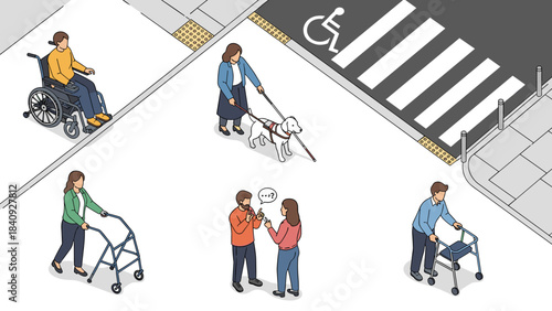 Top view people with disabilities, wheelchair and guide dog, universal design site plan vector