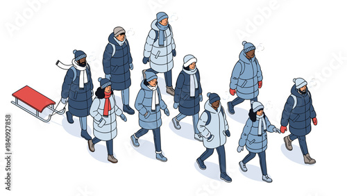 Bird's eye view winter people, isometric figures in snow gear, landscape architecture seasonal assets