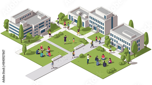 Bird's eye view architectural illustration, university campus scene, students sitting in circles on grass, studying with laptops, throwing frisbee, walking with backpacks, high angle isometric.