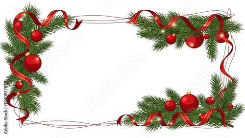 Elegant Christmas holiday frame featuring green pine branches, sparkling red ribbons, and glossy red ornaments on a white background