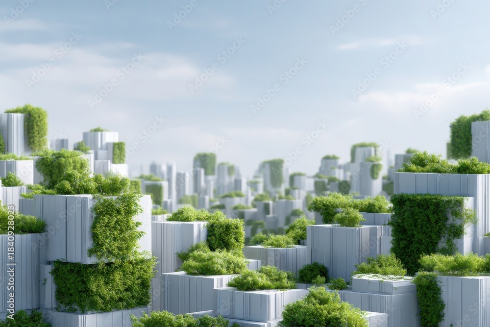 Fototapeta premium Green City Oasis: A visionary urban landscape where nature and architecture coexist harmoniously. Lush vegetation blankets geometric structures, fostering an environment of innovation, sustainability.