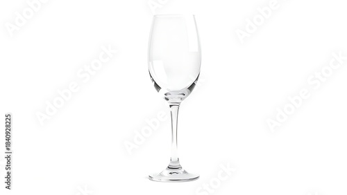 Elegant crystal wine glass with a delicate stem, beautifully lit against a white background.