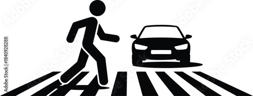 A black stick figure pedestrian walks on a zebra crossing with an approaching car symbol