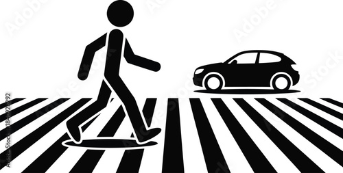 A black stick figure person safely walks across a designated zebra crossing while a small car waits patiently
