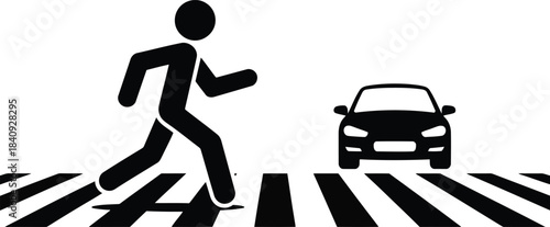 A black stick figure crosses a striped pedestrian area while a black car waits on a white background