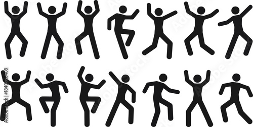 A collection of black stick figures actively jumping and dancing with their arms raised and legs bent