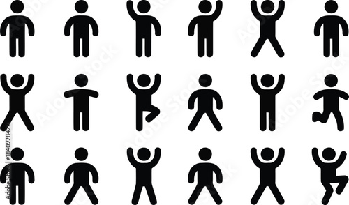 A collection of eighteen black stick figures depicting people in various poses on white