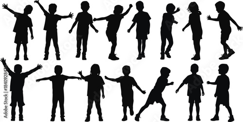 A diverse array of child silhouettes demonstrating various happy and energetic stances on a white surface