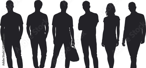 A diverse group of six adult people silhouettes stands together in various casual poses