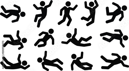 A dynamic set of black stick figures showing various actions including falling, slipping, and active movements