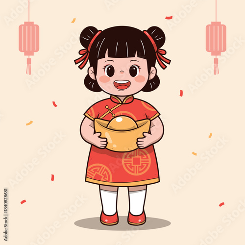 Cute chinese girl holding gold ingot (yuanbao) celebrating new year
