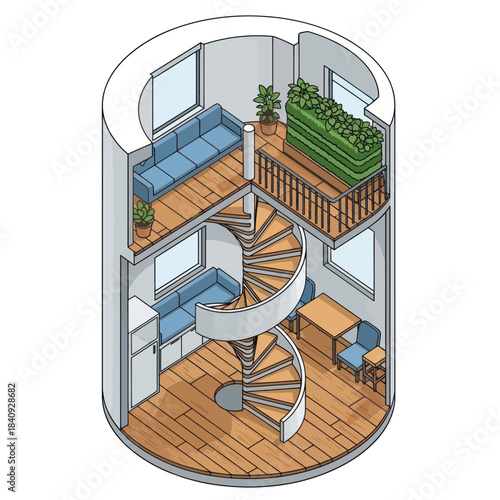 Modern Cylindrical House Interior with Spiral Staircase and Living Spaces.