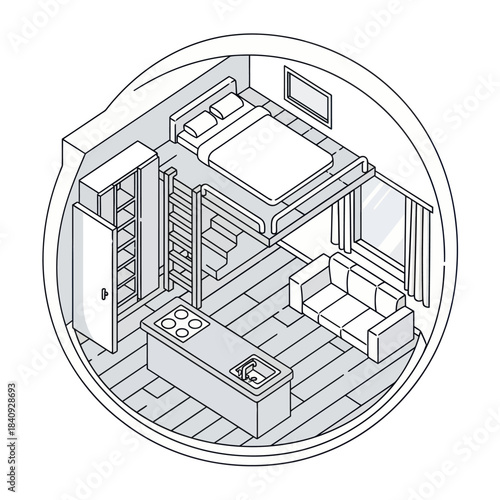 Tiny House Interior Design with Loft Bed and Kitchenette.