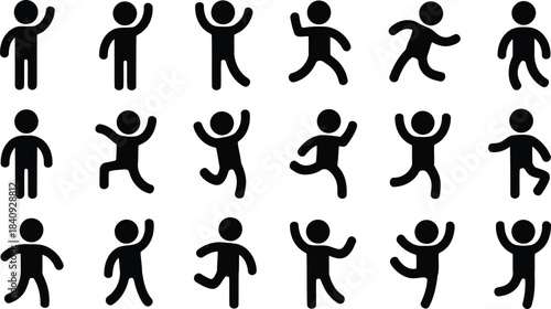 A large grid displays many black stick figures in various energetic poses and actions