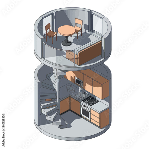 Modern Underground Two-Story Home Interior Design with Kitchen and Dining Area.