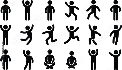 A large grid illustrates eighteen black stick figures engaging in various actions and serene postures