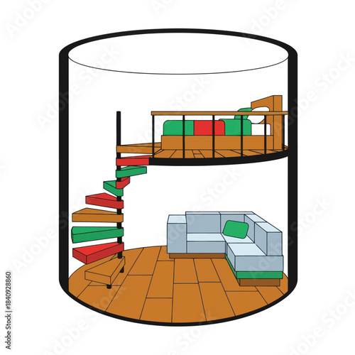 Interior view of a cylindrical living space with a loft bedroom and spiral staircase.