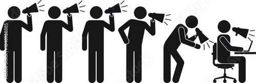 A line of black stick figures communicates with megaphones, one sitting at a desk with a laptop