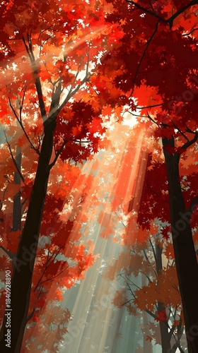 Brilliant sunbeams pierce through dense forest canopy adorned with vibrant autumnal foliage
