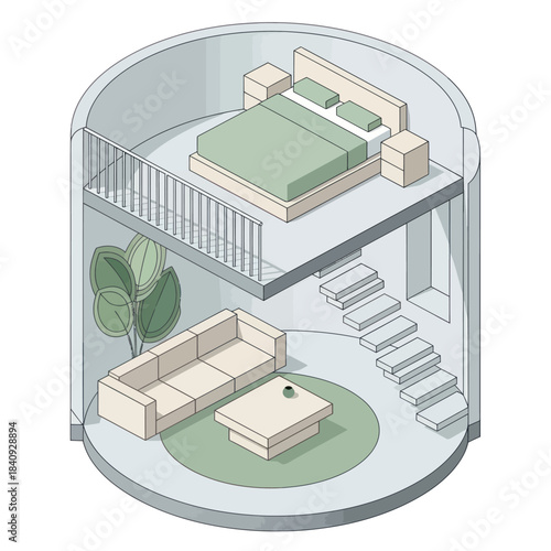 Modern Minimalist Apartment Interior Design with Loft Bedroom and Living Area.