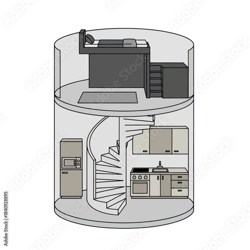 Compact living space with loft bedroom and spiral staircase.