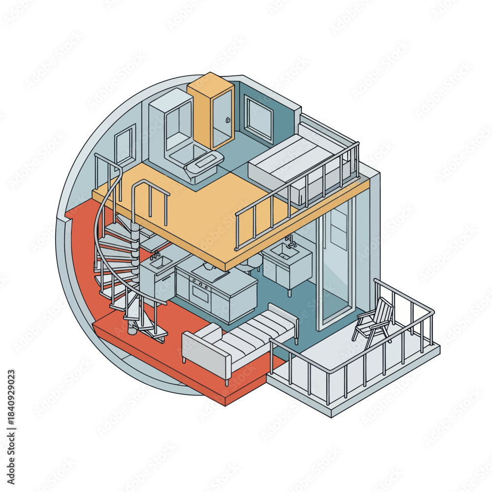 Fototapeta premium Modern Tiny House Interior Design with Spiral Staircase and Balcony.