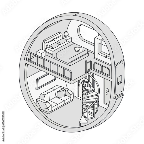 Modern Tiny House Interior Design with Loft Bedroom and Spiral Staircase.