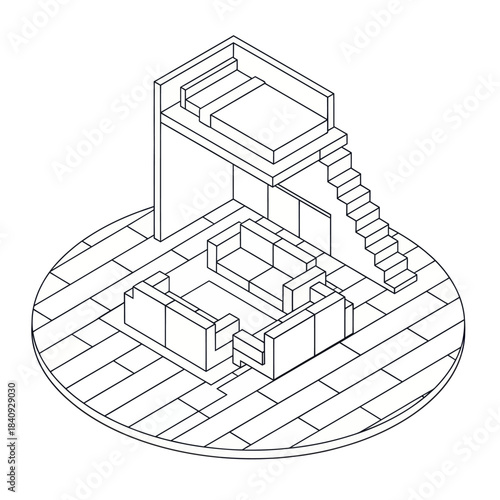 Isometric view of a modern minimalist living space with a loft bed and seating area.