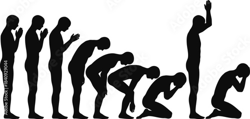 A sequence of eight black human silhouettes illustrating various stages of prayer and submission