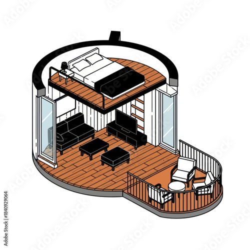 Modern Tiny House Interior Design with Loft Bedroom and Balcony.