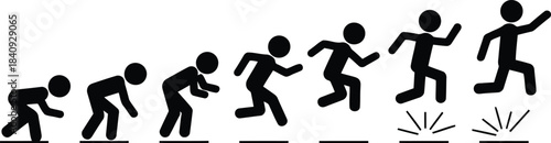 A series of black stick figures demonstrates the powerful stages of a sprinter launching into action